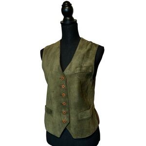 ANN TAYLOR Vintage Dark Olive Green Suede Button Front Vest Size Small Petite